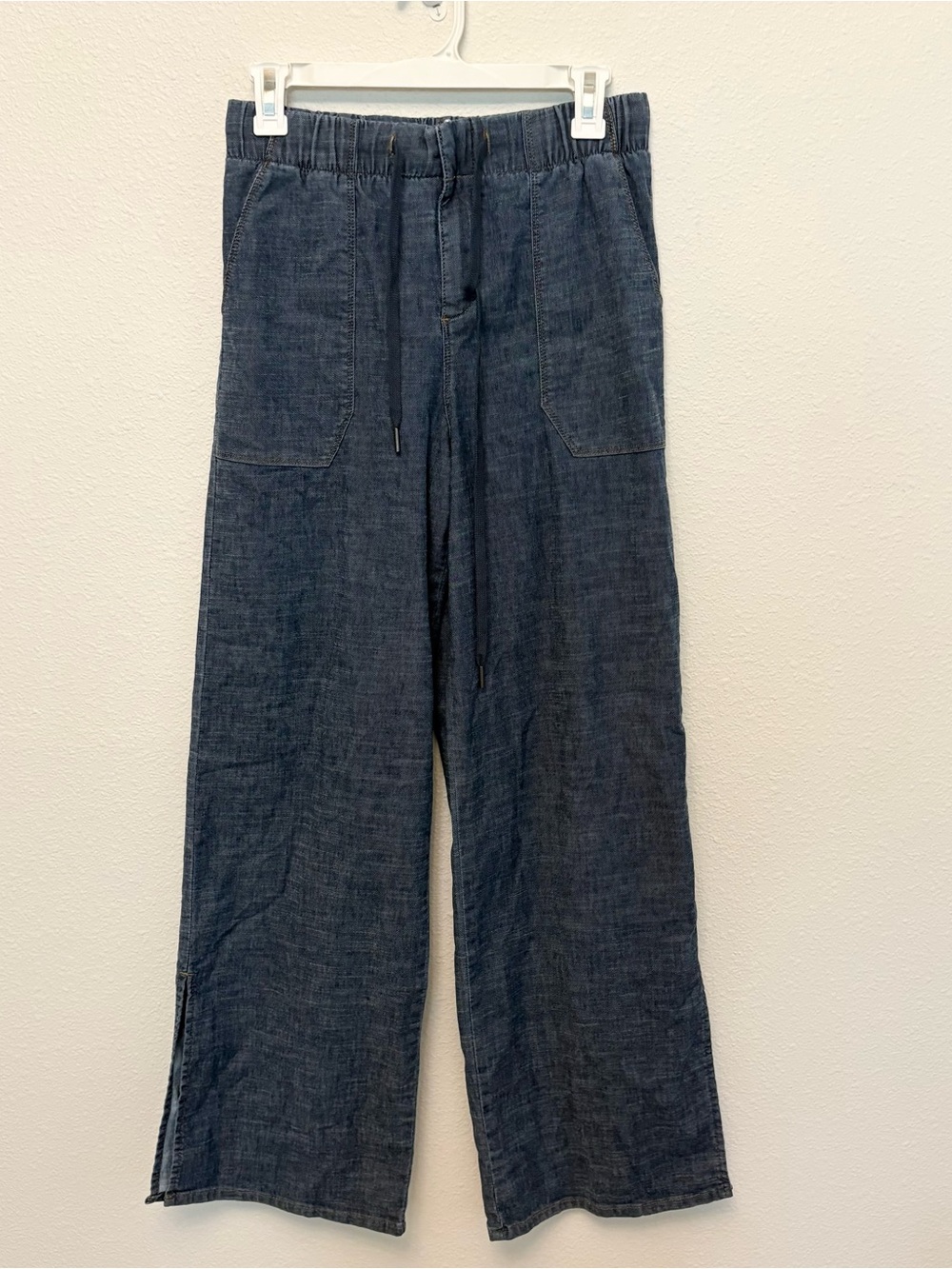 Evereve Women's Size S Hemp Blend Wide Leg Pants Stretch Stargazer Chambray Slit